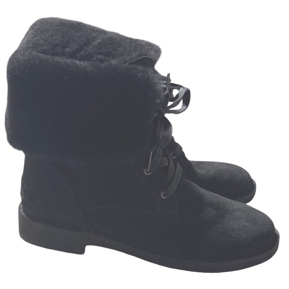 UGG Shoes - UGG WEYLYN Women's Black Suede Lace Up Fur Trim Boots Ankle Booties‎ Size 7